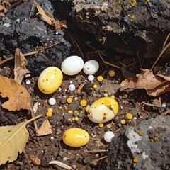 Oval, pale yellow and white stones scattered on dark ground, amidst dried leaves and rocks