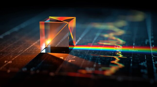 Crystal cube refracting light into a rainbow spectrum on a graph background in a dark environment