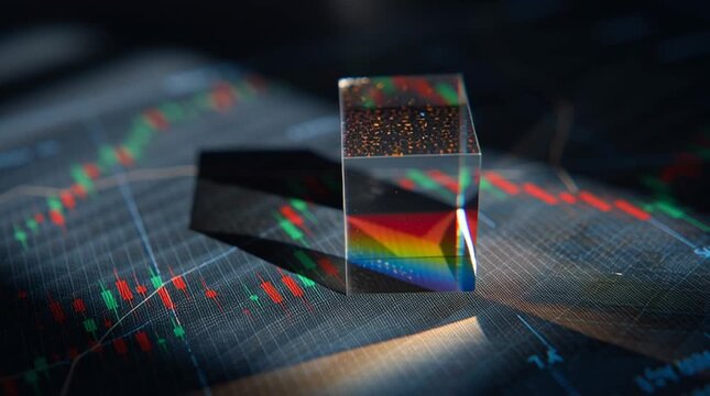 Clear prism refracting light on stock market chart reflecting rainbow colors on surface around it