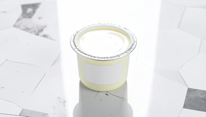 White Yogurt Cup with Blank Label on Terrazzo Surface