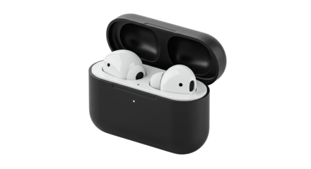Stylish white earbuds resting inside a black charging case, capturing modern audio technology. The earbuds are sleek and elegant, showcasing the future of listening.