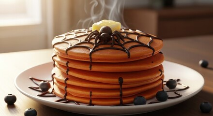 Stack of halloween pancakes with chocolate spiderweb, butter, and blueberries on a white plate