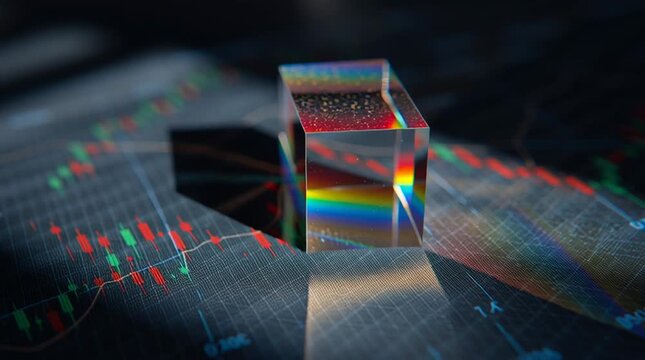 Clear prism refracting light on a chart with red and green candles on a dark surface visible
