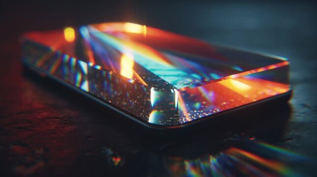 Close up of a rectangular prism refracting light on a dark surface creating rainbow colors
