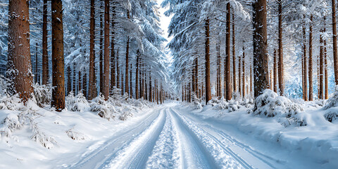 Fototapeta premium Winter Landscape Featuring a Snow-Covered Road Surrounded by Tall Pine Trees in a Serene Forest Setting