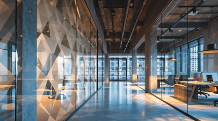 Modern office space with glass walls and geometric design feature in a bright and open interior - Powered by Adobe
