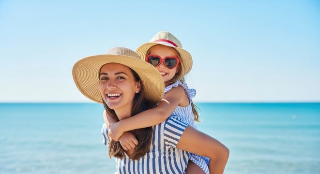 Woman piggybacking girl on beach both wear hats and smile against blue sky and sea