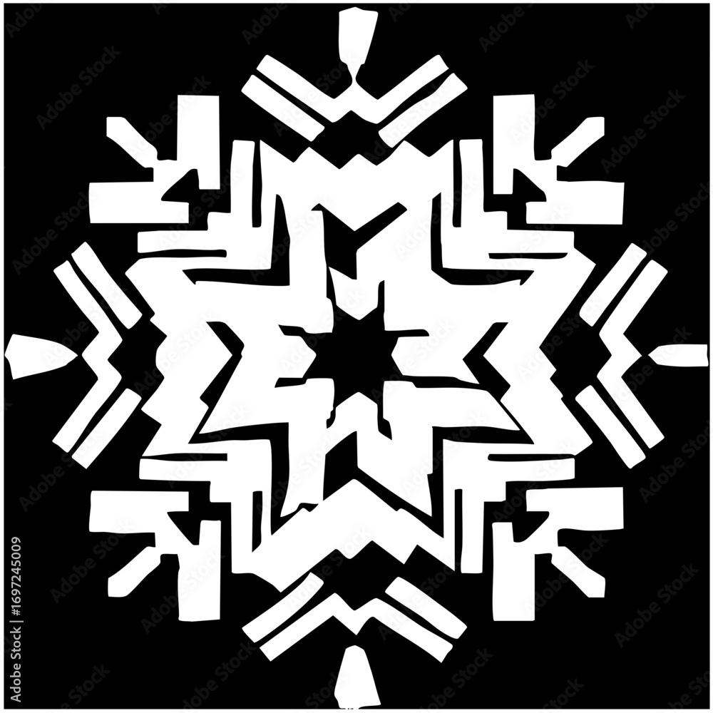 Poster vector intricate white snowflake features geometric shapes.