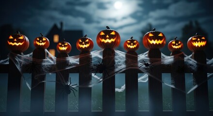 Illuminated jack o lanterns on a fence with spiderwebs under a full moon on a halloween night scene