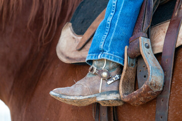 Kid boots and horse saddle stirrups