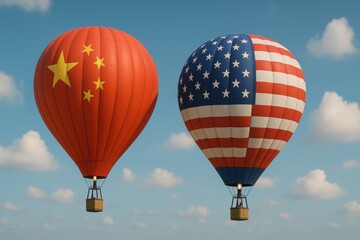 Naklejka premium China USA trade tension. Two hot air balloons featuring the flags of China and the USA against a blue sky with clouds.
