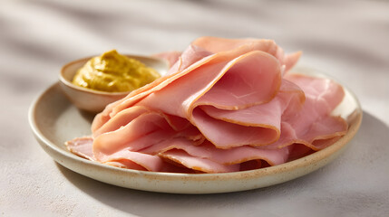 Slices of cooked ham with mustard on a plate, ready to be eaten
