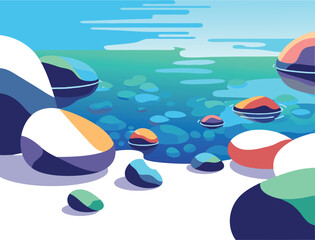 Abstract Colorful Beach Stones Illustration with Stylized Water Elements for Modern Design, Zen Wellness, and Contemporary Art Projects