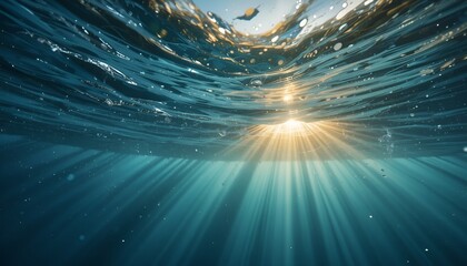 Sunlight beams dance beneath the ocean surface, creating a serene and ethereal underwater ambiance.