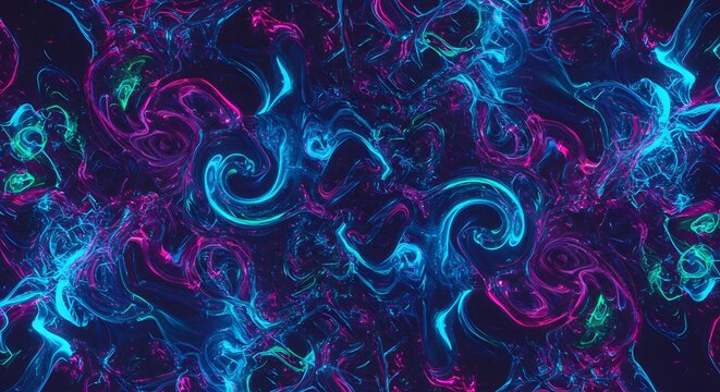 Swirling neon lights of blue pink and green create an abstract cosmic effect