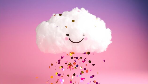 Smiling Cloud Raining Confetti on Pink Purple Gradient Background