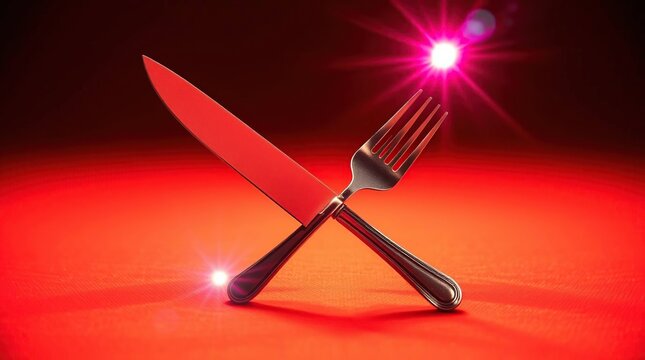 Red Knife Fork Crossed Food.