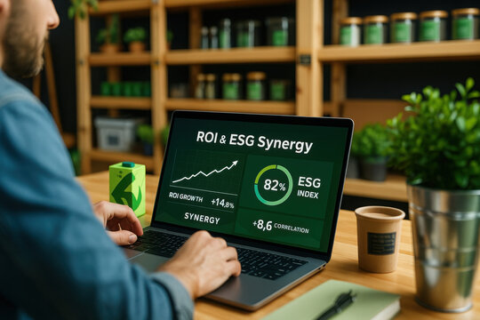 Eco friendly workspace ESG focus green office laptop analytics sustainability clean energy modern design enhance productivity