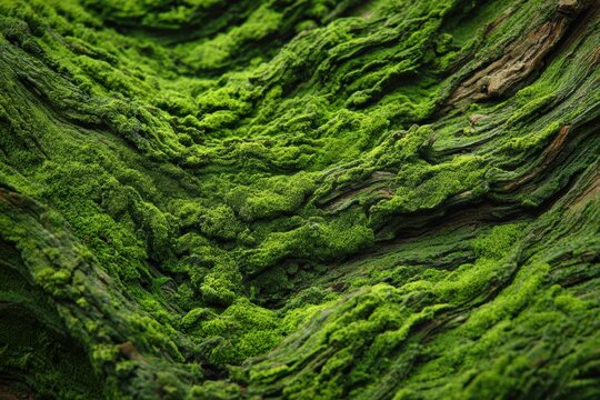 Green moss covering ancient tree bark creating micro-landscape of natural growth patterns, perfect for environmental conservation and organic skincare concept. Green moss texture background.