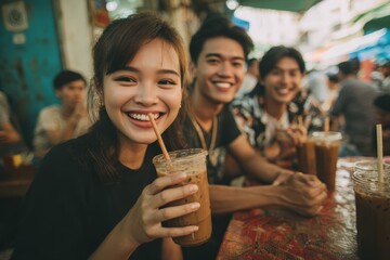 Group of Asian millennials enjoying refreshing iced coffee together at small Vietnamese street cafe, authentic local lifestyle and social bonding concept.