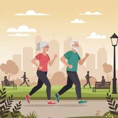 Vector illustration of old sporty couple jogging in city park. Elderly man and woman running outdoors in sportswear. Healthy lifestyle, fitness, and morning exercise design.