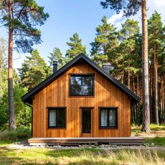 Fototapeta premium Wooden cabin nestled in pine forest. Exterior view of a modern, small home with a pitched roof and cedar siding, set amongst tall trees. A wooden deck extends across the front