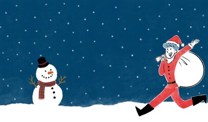 雪が降る夜空と雪だるまとサンタクロースの衣装を着た男性のクリスマスイメージイラスト