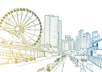 Great view of Chicago. USA. Urban sketch. Hand drawn cityscape. Line art. Colorful illustration. Vector background. Postcard style.