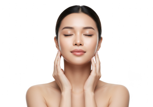 Serene young woman with closed eyes gently touching her face isolated on transparent background