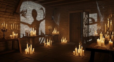 Obraz premium Candlelit Shadow Play: The flickering dance of candlelight casts eerie shadows, illuminating a rustic interior scene. The soft glow evokes mystery and intrigue. 
