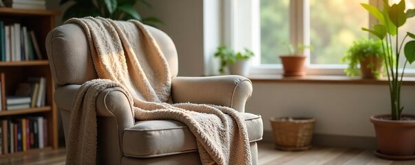 Cozy living room, soft throw jacket draped over a comfortable armchair, inviting atmosphere, perfect for relaxation , interior design, apartment