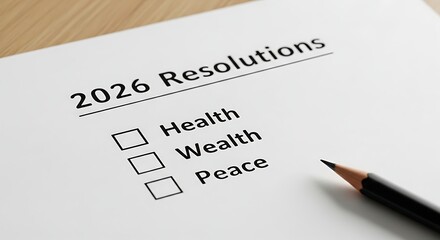 New Year's Resolutions 2026: A clean sheet of paper with resolutions on the table. The image is a symbolic reminder of goal-setting and self-improvement for the upcoming year.