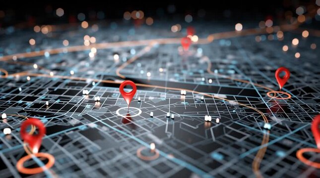 A detailed map with red location pins indicating various points of interest in an urban setting