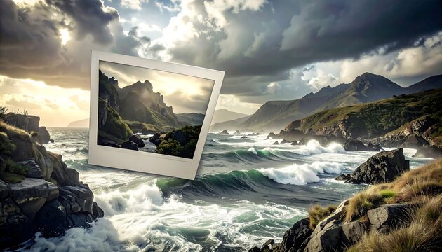 Coastal landscape with a superimposed instant photo - Powered by Adobe