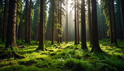 Obraz premium Tranquil dawn light filtering through towering trees in a lush forest