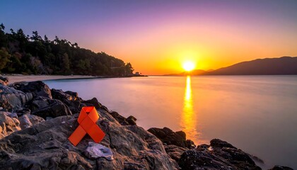Sunrise over tranquil bay with orange ribbon