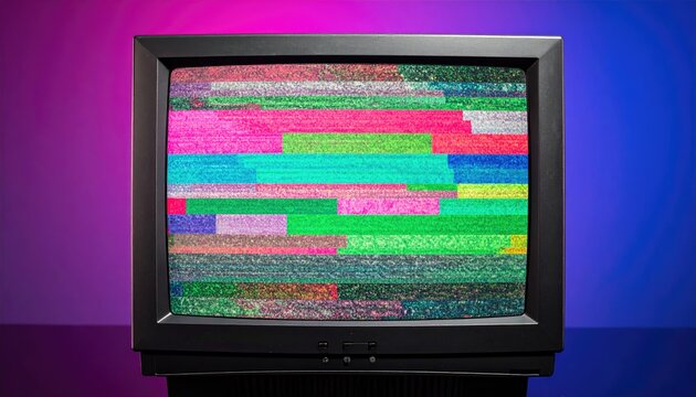 Vintage CRT Television with Colorful Glitch and Scanlines