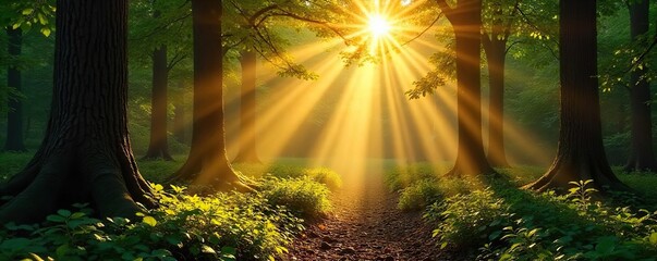Golden hour sunlight streams through leaves, illuminating a forest floor with dappled light and long shadows Perfect for nature, serenity, and peaceful backgrounds , dappled light, green