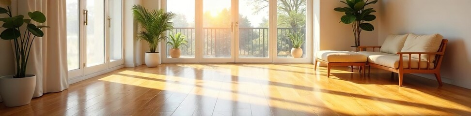 Gleaming hardwood floors reflect sunlight streaming through a large window in a modern, minimalist home  Clean lines and bright, airy ambiance are emphasized , modern, living