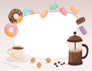 Vector coffee frame with cup, French press, donuts, macarons, sugar cubes and beans, big blank center for text. Good for cafe menus, posters, flyers, banners, labels, packaging, social posts