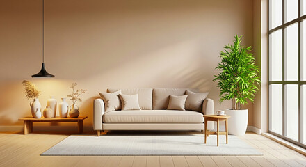 Elegant living room design with cozy beige sofa and modern decor, inviting space for relaxation and comfort