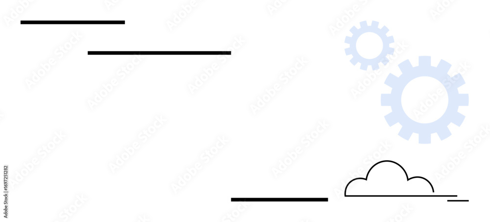 Poster simplistic gears with a cloud and horizontal lines, symbolizing connectivity, innovation, workflow. 