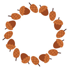 Autumn acorn circle frame. Round border made of doodle hand drawn fall acorns. The acorns are arranged in a circle for stickers, banners, cards, ads. Vector flat isolated on white background.