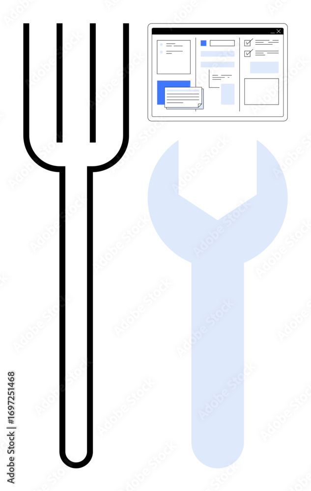 Poster large fork alongside a translucent wrench beneath a website layout. ideal for design, user interface