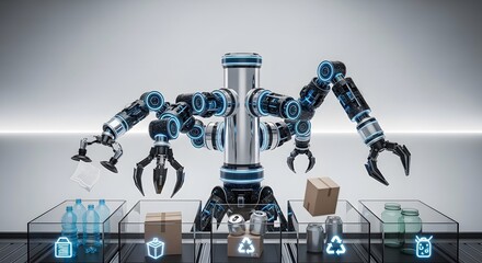A sophisticated robotic arm system with multiple grippers is sorting various items like bottles, boxes, and cans, showcasing advanced automation