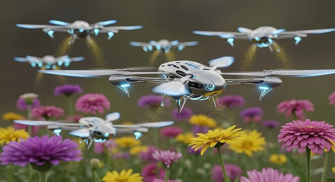 A fleet of futuristic drones hovers over a field of colorful flowers, emitting glowing particles as they fly - Powered by Adobe