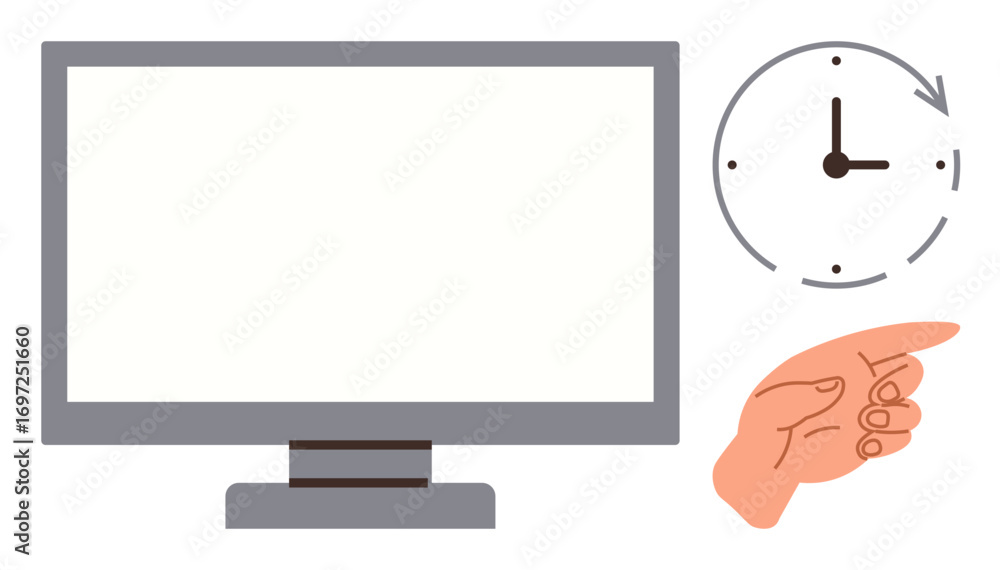 Poster blank monitor, analog clock with arrow, pointing hand. ideal for time management, productivity, sche