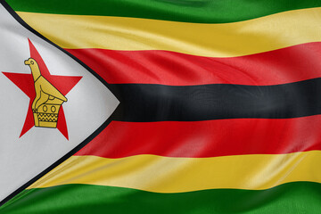 Waving flag of Zimbabwe with textured fabric, gently rippling folds, symbolizing freedom and unity.