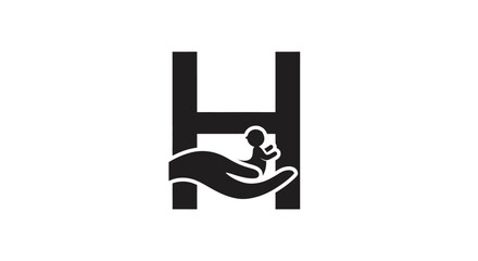 Letter H logo with hand and baby silhouette offering care and protection symbol