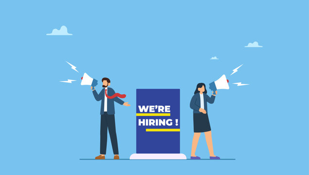 Business people HR with megaphone holding we are hiring sign. HR recruiting announcement we are hiring advertisement, human resources or employer looking for candidate for job vacancy.